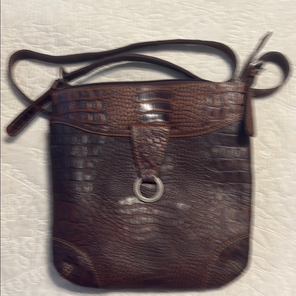 Brown Croc Embossed Leather Crossbody Bag